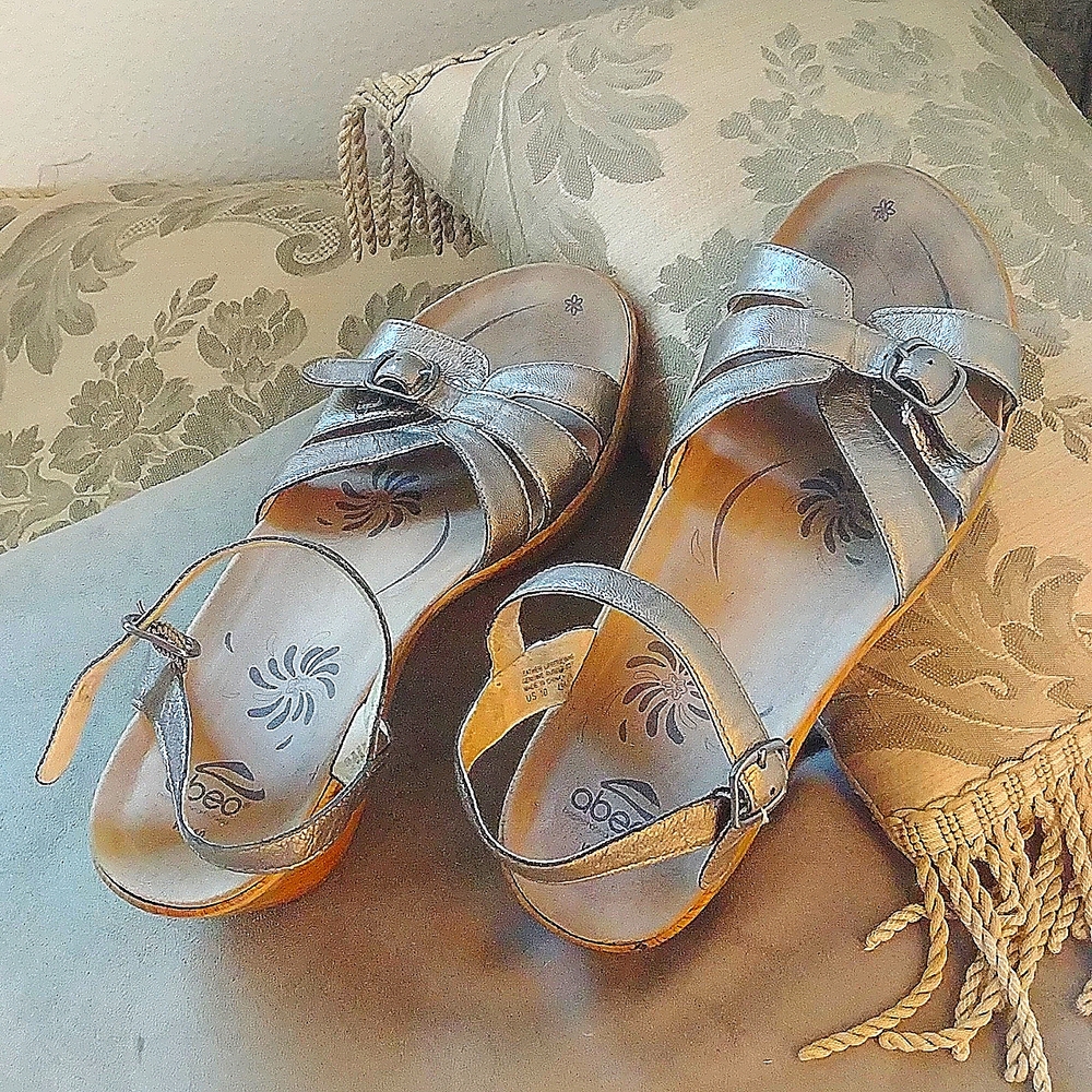 Abeo Silver and Tan Strappy  Wedge Leather Upper & Lining, Rubber Sole Wms 10